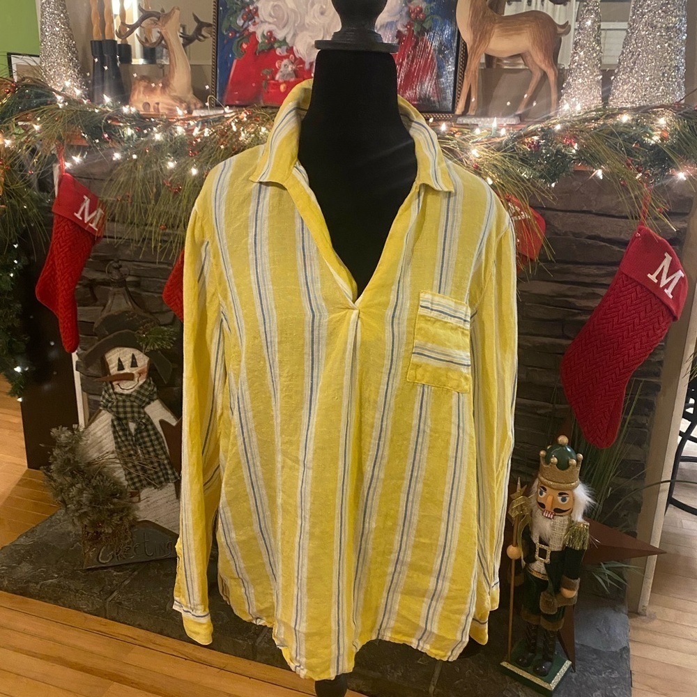 J. Jill Love Linen Yellow and Blue Striped Linen Shirt